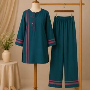 Taliinisa Contrast Stripe Floral Embroidered Cotton 2-Piece Suit
