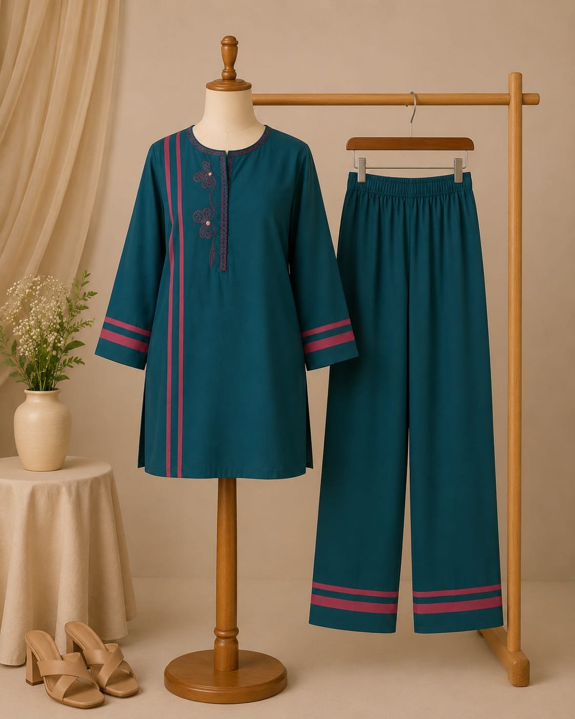 Taliinisa Contrast Stripe Floral Embroidered Cotton 2-Piece Suit
