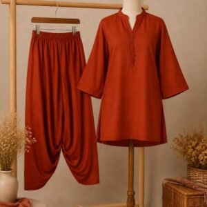 Taliinisa Minimalist Embroidered Neck Placket Cotton Dhoti/Tulip Pants 2-Piece Suit