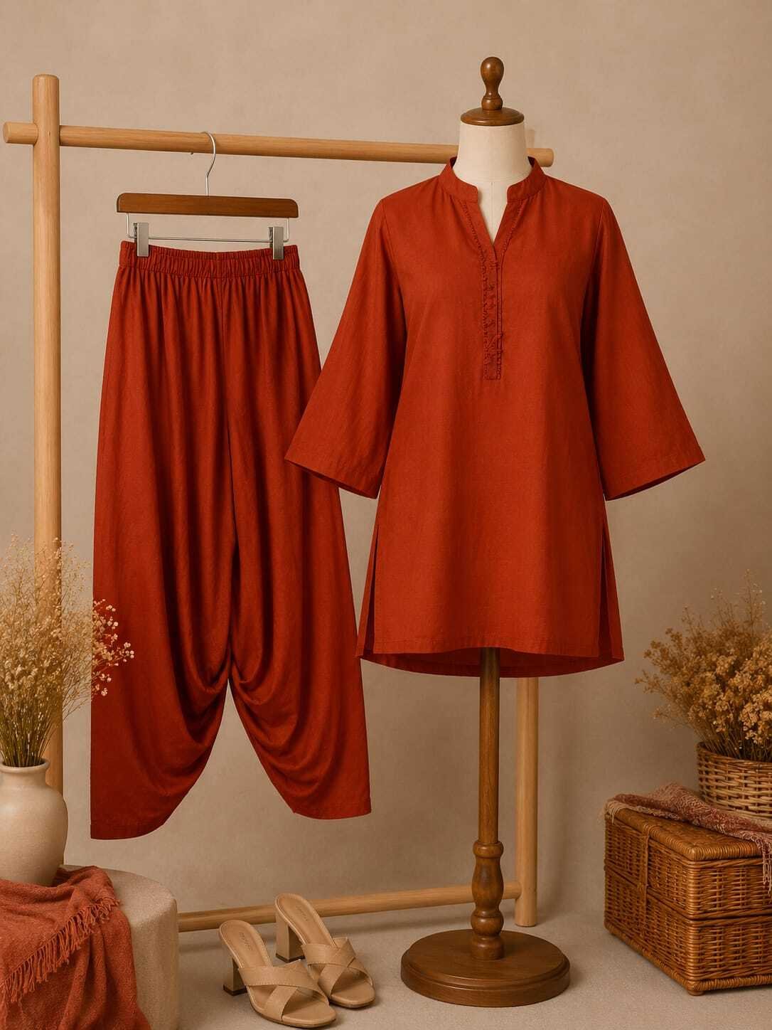 Taliinisa Minimalist Embroidered Neck Placket Cotton Dhoti/Tulip Pants 2-Piece Suit