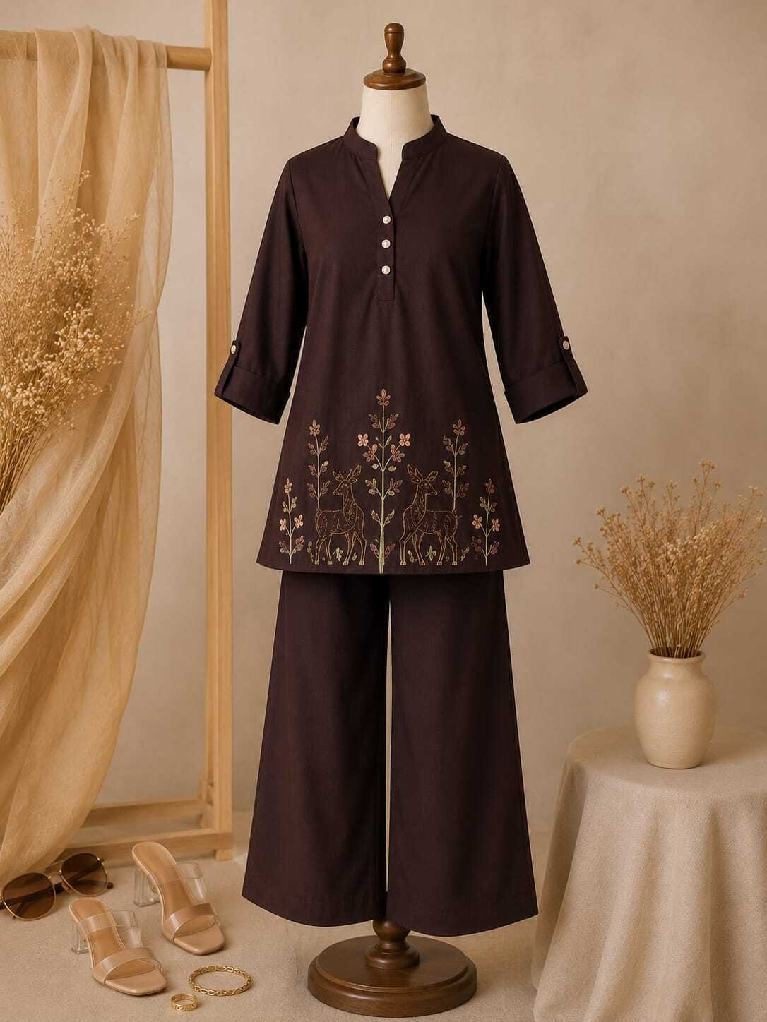 Taliinisa Woodland Deer Embroidered Cotton 2-Piece Suit
