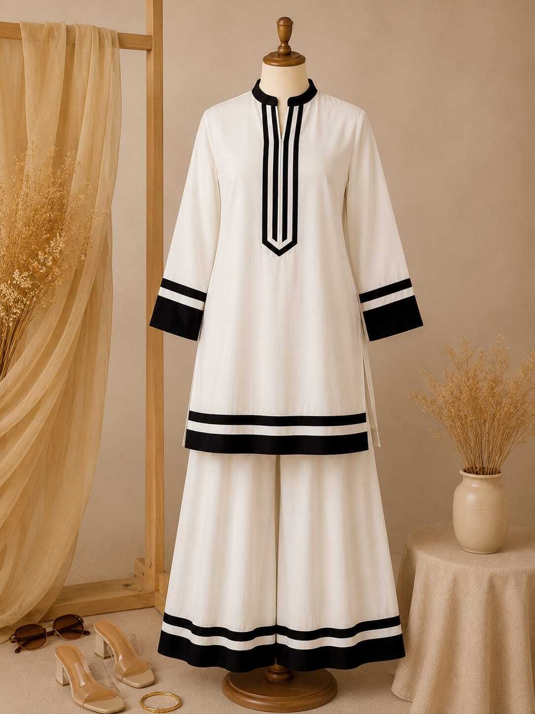 Taliinisa Black & White Contrast Trim Cotton 2-Piece Suit